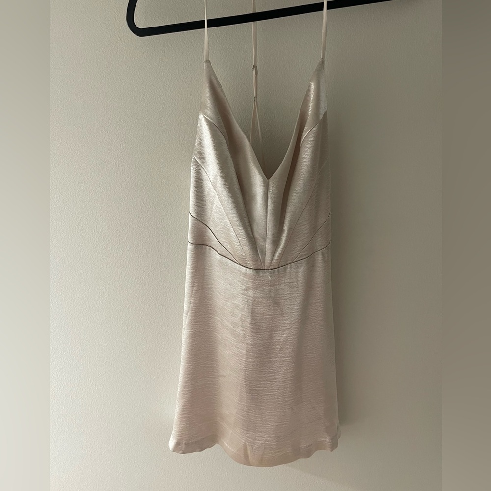 Champagne colored mini dress! Satin fabric, adjustable straps, new with tags!